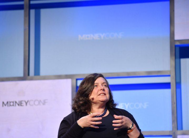 Anne Boden of Starling Bank on stage talking.