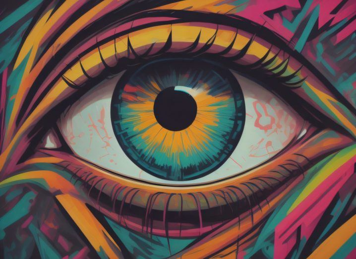 AI artwork of a human eye with many colours.
