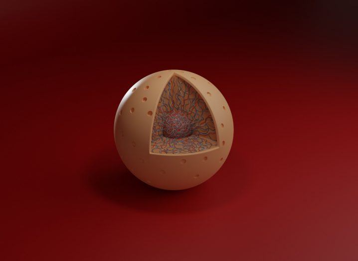 3D illustration of a cell showing the nucleolus on a red background.