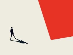 Cartoon with workers tugging on a rope against an unseen opponent. The background is bright blue.