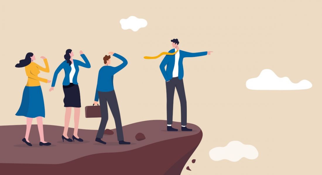 Cartoon of a leader directing three employees to a dead end cliff.