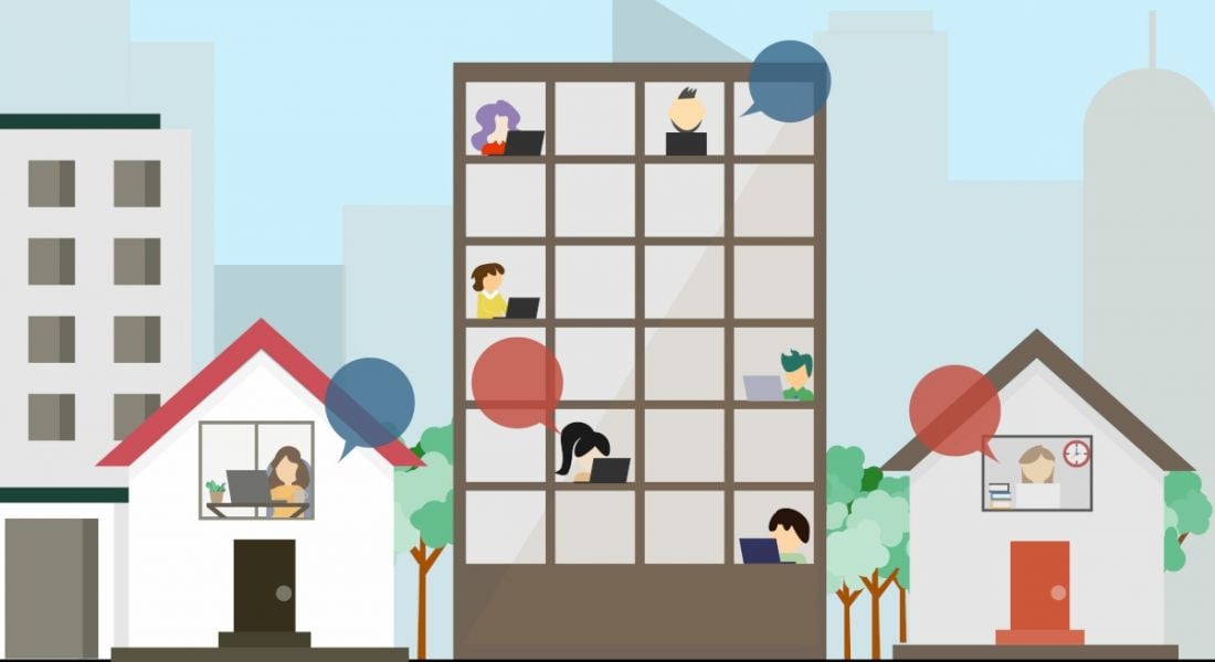 Cartoon image of a street with four buildings; one is an office block and has workers in different departments sitting at desks working, while the others are houses and have people working from home.