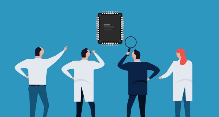 Cartoon showing four people facing a semiconductor chip and looking at it eagerly while one person holds a magnifying glass over it.
