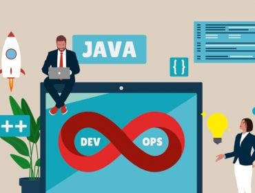 Cartoon showing people working in DevOps and agile delivery working sitting on top of a giant computer monitor. Logos for languages like Java and C++ float around them.