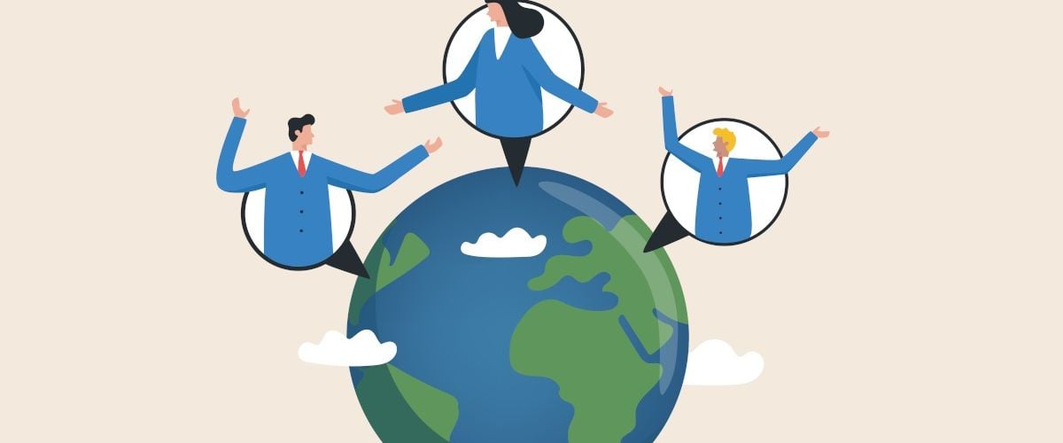 Cartoon showing international colleagues collaborating together, they are appearing out of a globe and talking to each other.