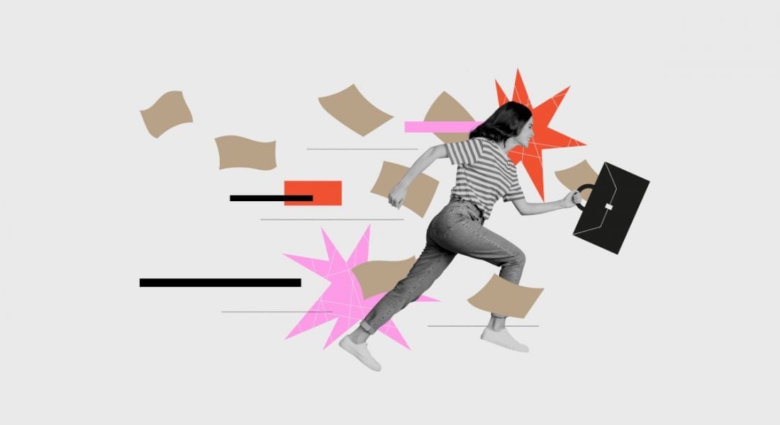 Cartoon collage of a worker running, or zooming, from one place to another carrying a briefcase.