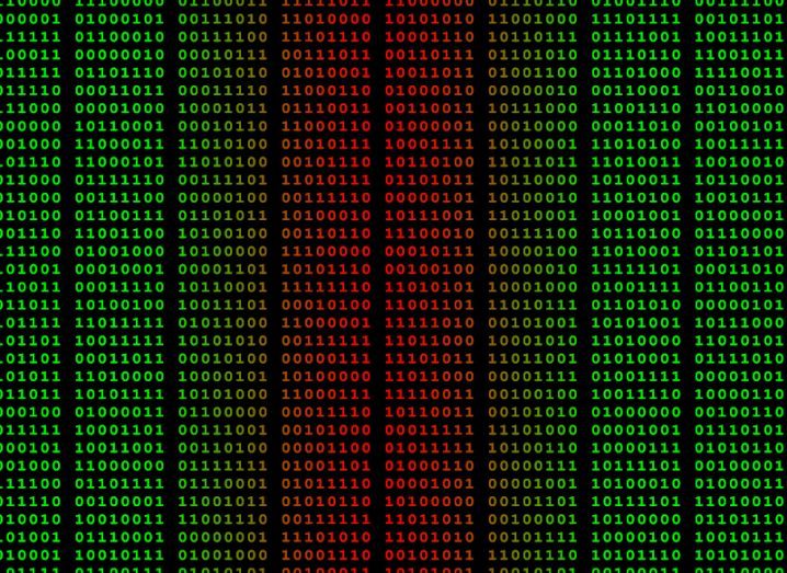 Illustration of binary code, separated in small lines, with the two middle rows of code being red while other rows are green. Used as a concept for generative AI being used for cyberattacks.