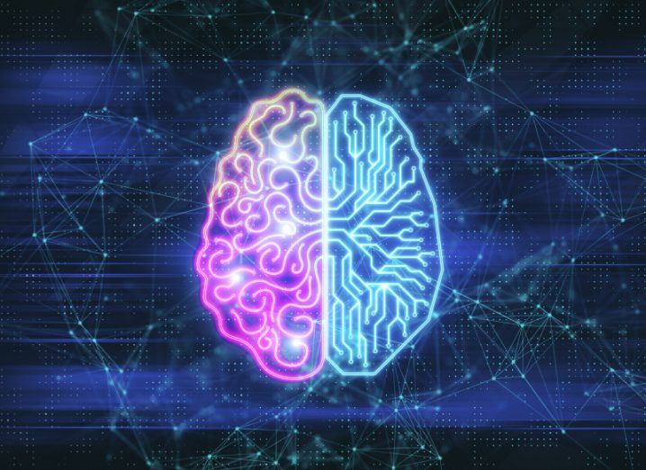 Digital illustration of a brain with one side coloured blue and the other side coloured pink. Used as a concept for generative AI.