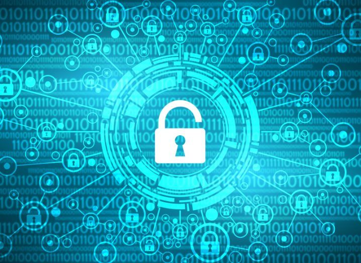 A padlock is open in the middle of a blue image of smaller padlocks and binary code.