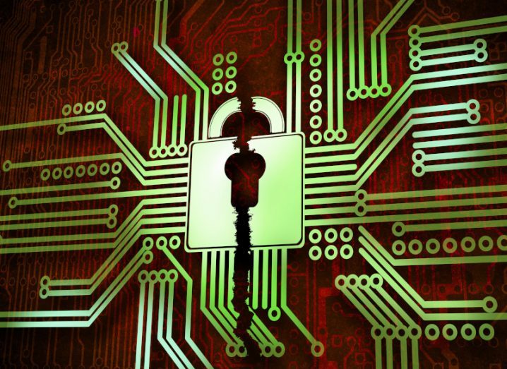 Illustration of a green lock that is broken in the middle, connected to multiple green digital lines with circles dotted across the wall. Used to represent the concept of a data breach.