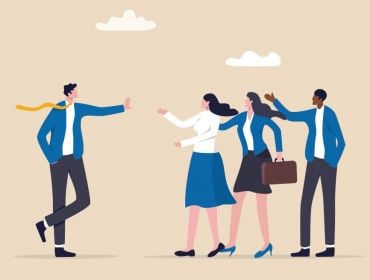 Illustration of a manager holding his hand out against three workers in an assertive manner.