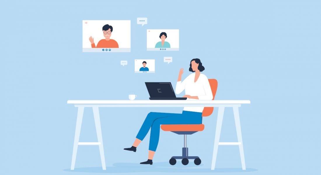 An animated image of a woman at a desk working at a laptop. Above her head, three people on screens with speech bubbles float, symbolising communication skills.