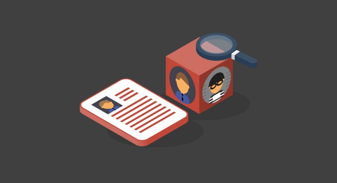 An illustration of a CV and a block displaying two sides, with one showing an employee and the other showing a person in prison attire. There is a magnifying glass sitting on top of the block.