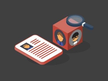 An illustration of a CV and a block displaying two sides, with one showing an employee and the other showing a person in prison attire. There is a magnifying glass sitting on top of the block.