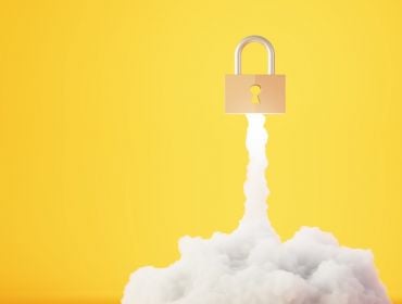 A padlock blasting into the air like a rocket with white smoke underneath it against a white background, symbolising a cybersecurity career boost.