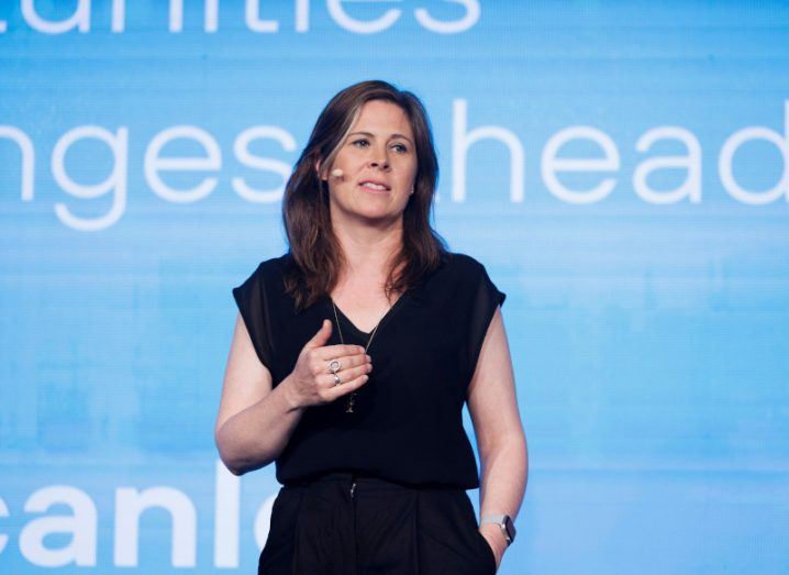 A woman is standing on stage speaking. She is Dr Patricia Scanlon, ethical AI advocate and Ireland’s AI ambassador.